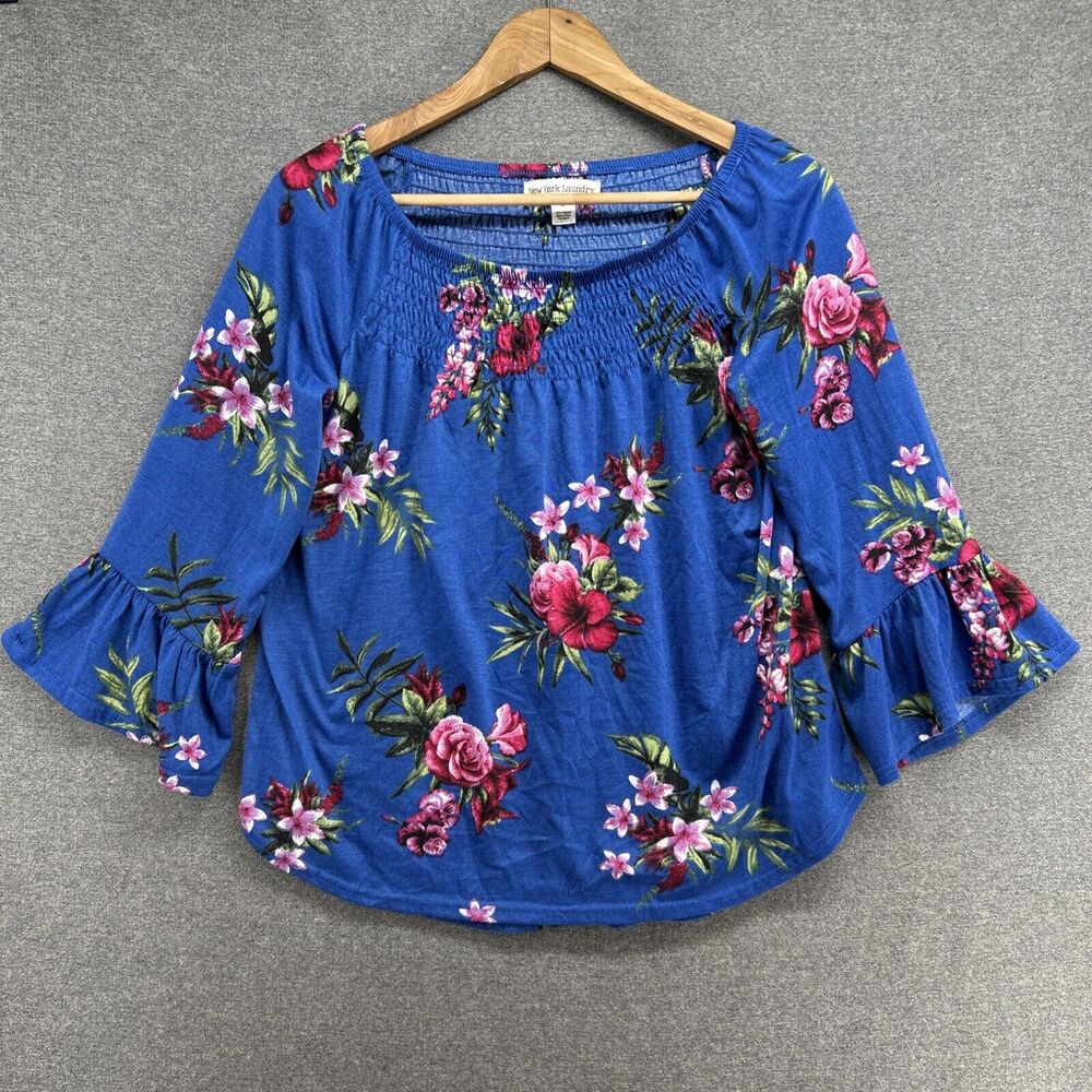 New York Laundry Floral Off Shoulder Top Womens Medium Blue Bell Sleeve Blouse
